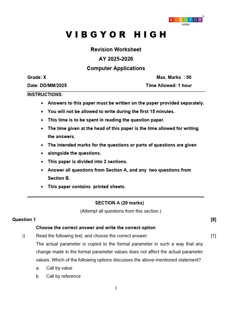 Term1 Holiday Worksheet - Computer Applications | PDF | Control Flow ...