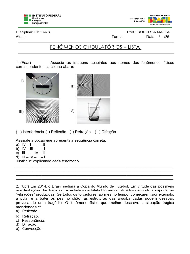 Lista de Exercícios sobre Fenômenos Ondulatórios | PDF | Ondas | Som