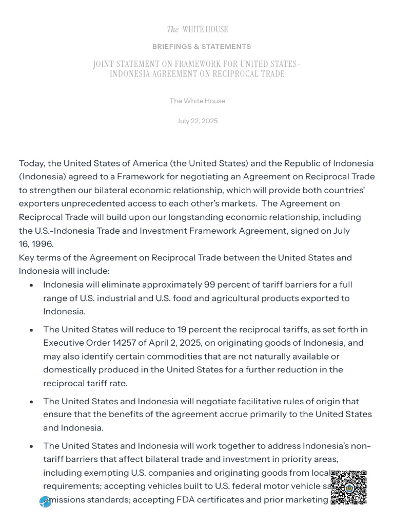 US-Indonesia Reciprocal Trade Agreement | PDF | World Trade ...