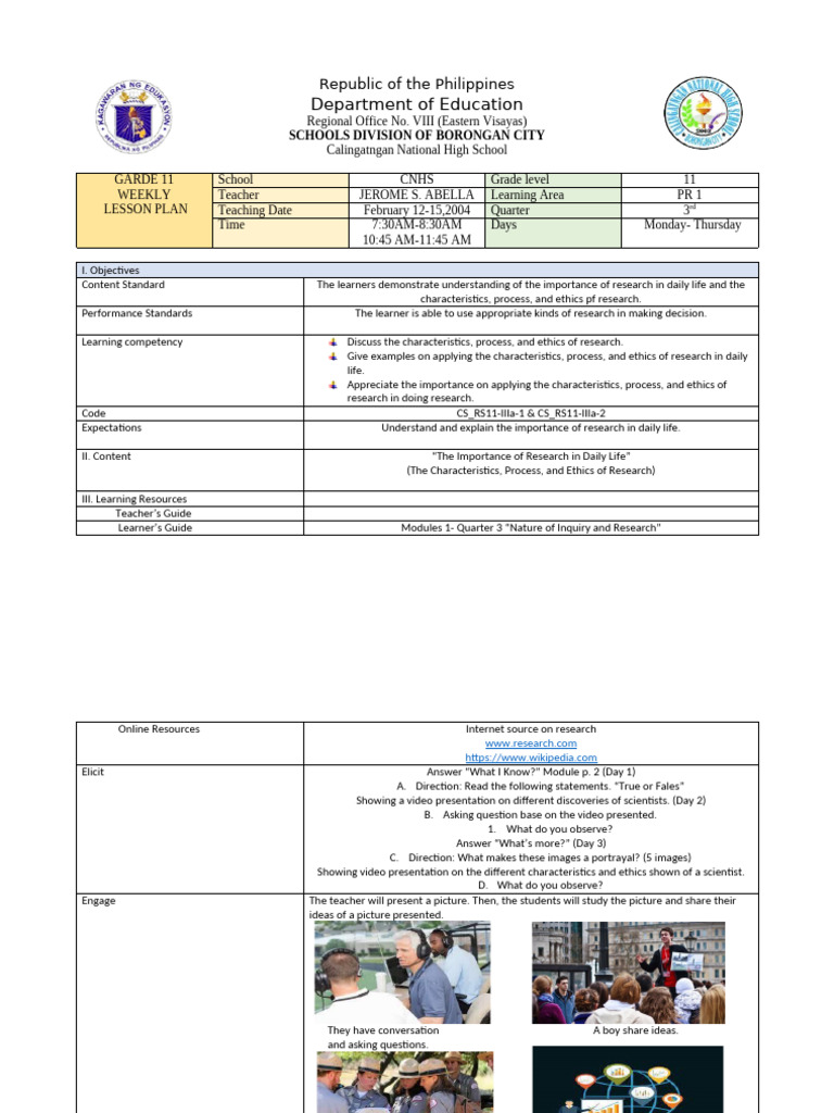 Grade 11-12 Weekly Lesson Plans | PDF | Teachers | Learning
