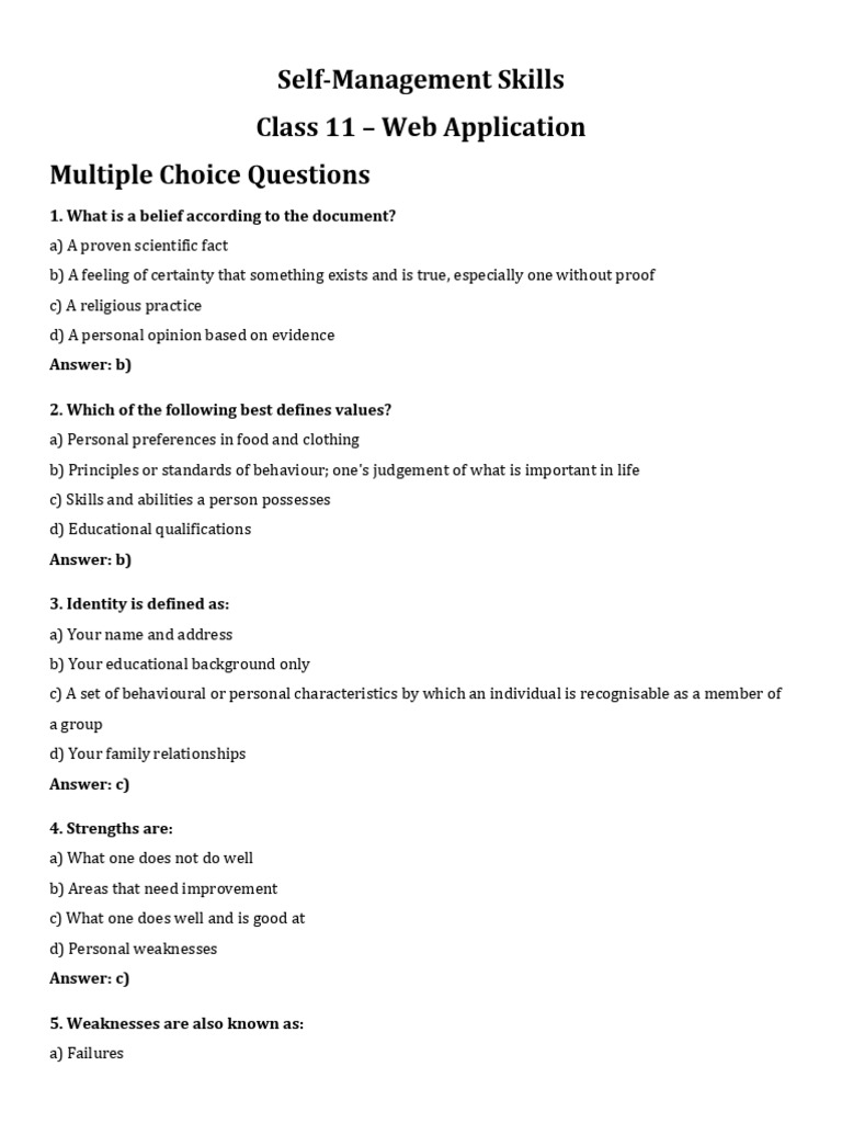Self-Management Skills MCQs for Class 11 | PDF | Goal | Motivation