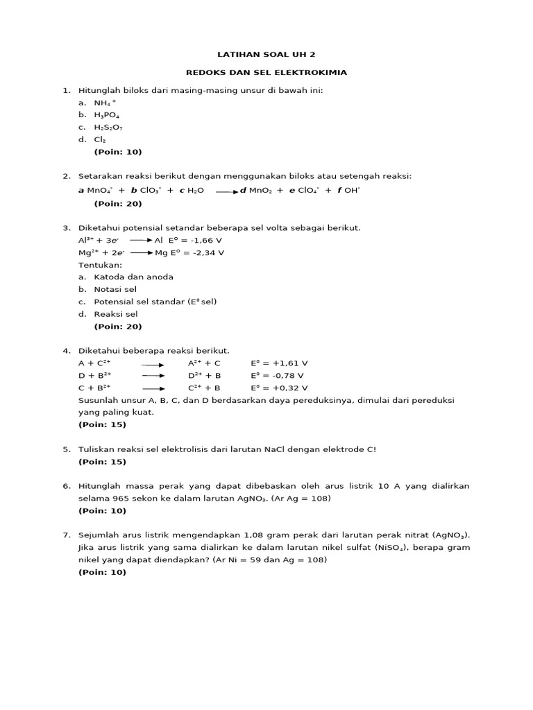 Soal Uh 2 Redoks Dan Sel Elektrokimia 2023 | PDF