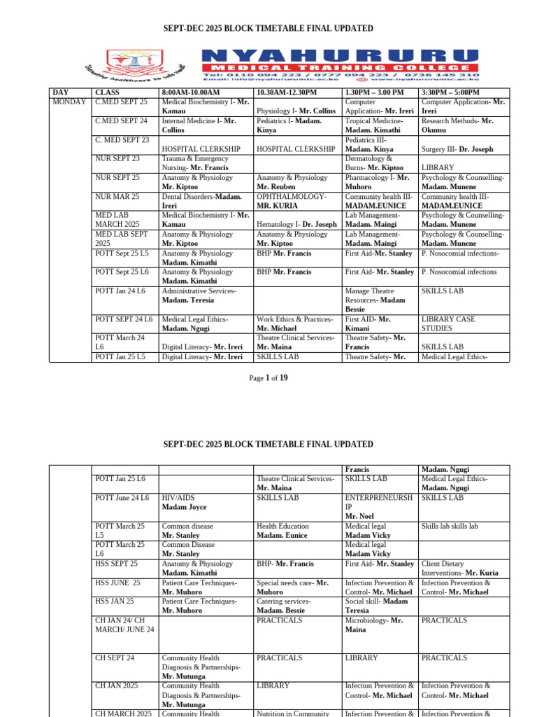 2025 Medical Course Timetable | PDF | Medicine | Physical Therapy