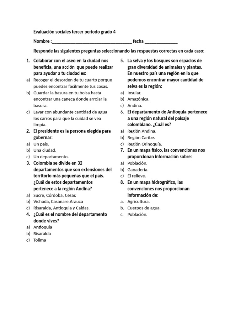 Evaluación de Sociales Grado 4 y 5 | PDF | Colombia | Gobierno