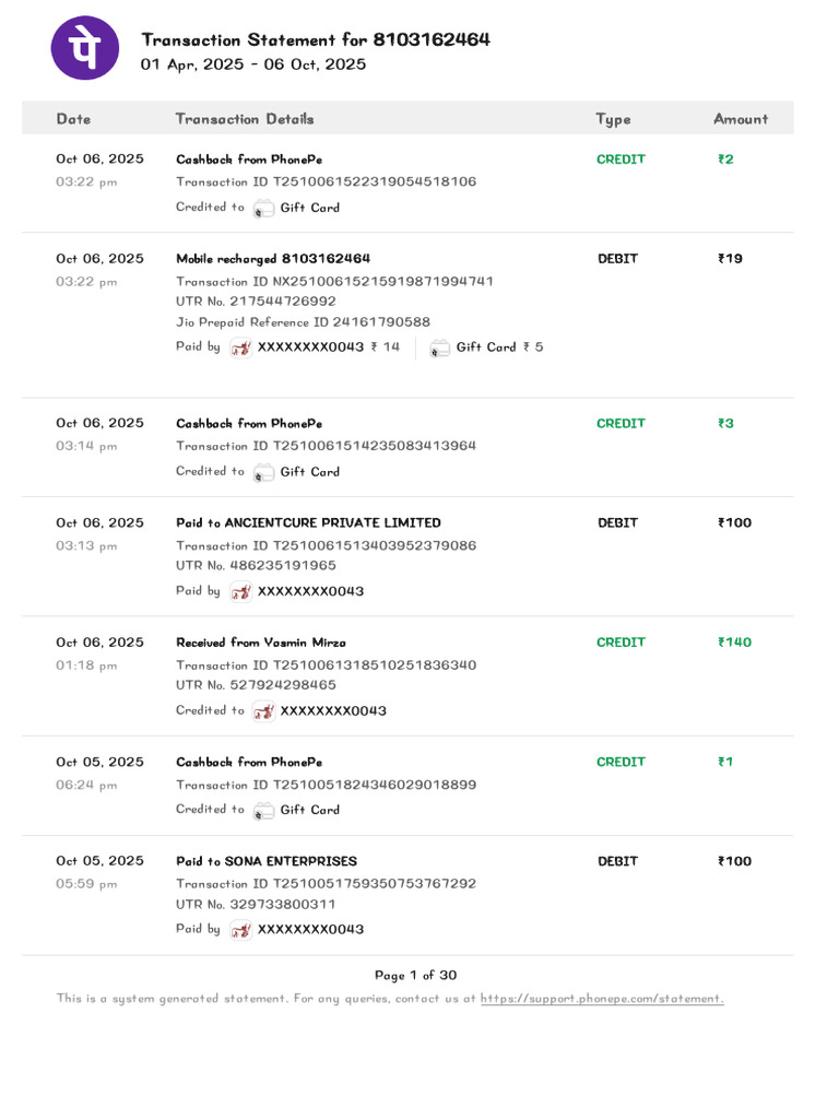 Transaction Statement for 8103162464 | PDF | Credit Card | Debit Card
