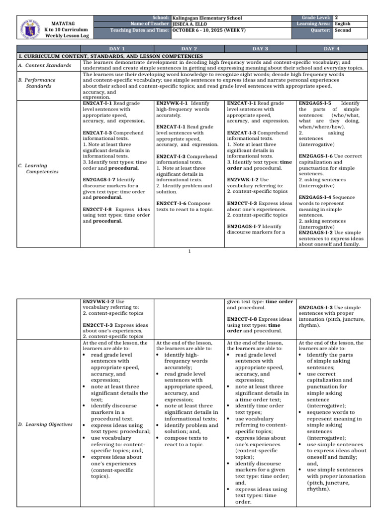 Grade 2 English Weekly Lesson Plan | PDF | Vocabulary | Sentence ...