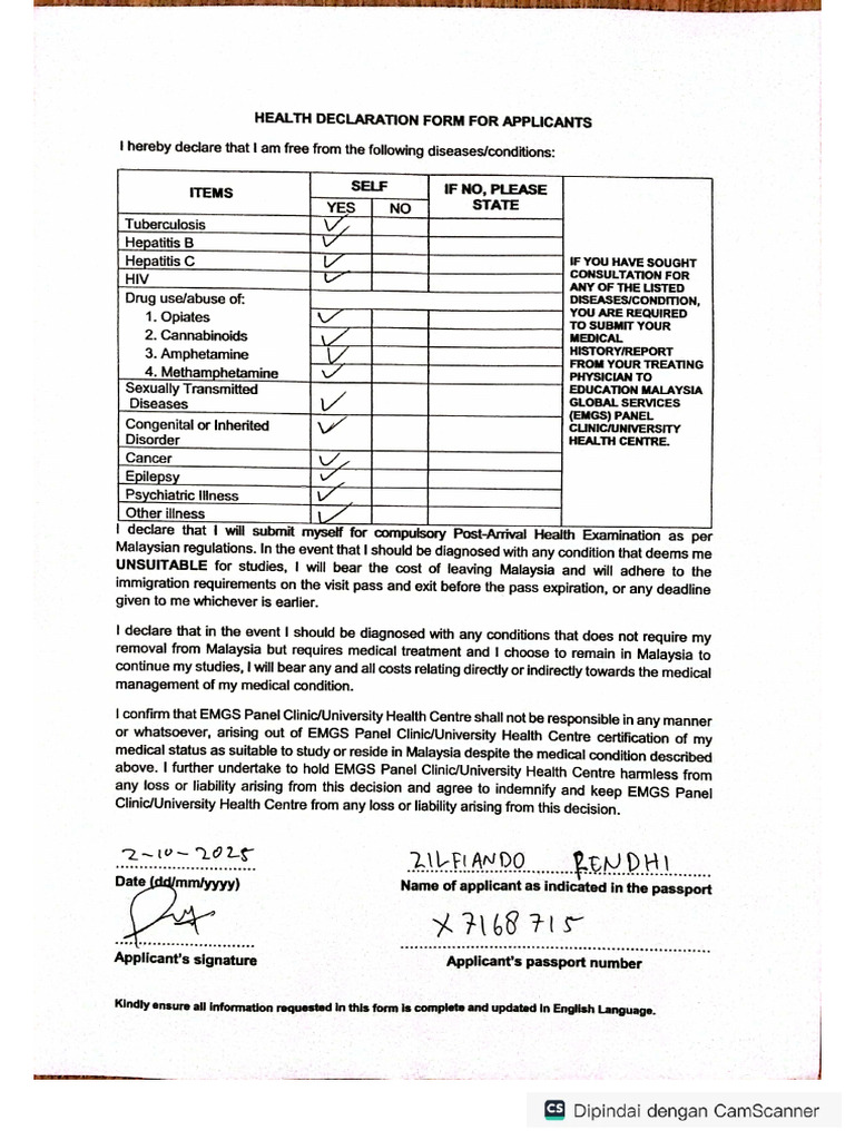 Health Declaration Zilfiando | PDF