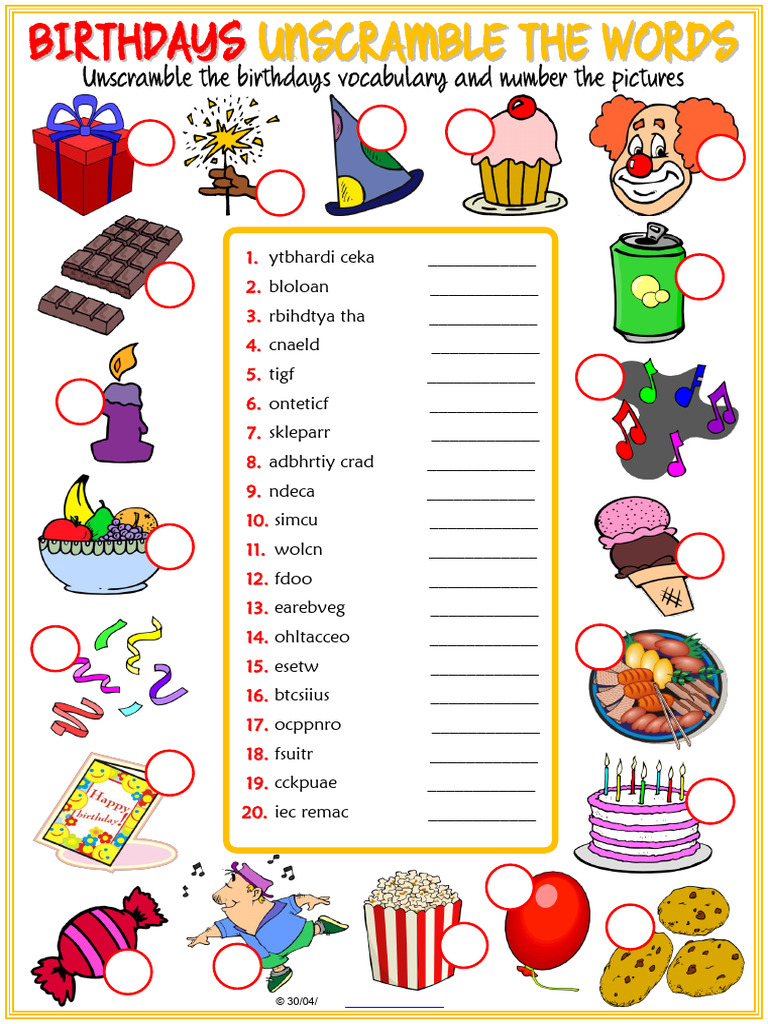 Birthdays Vocabulary Esl Unscramble The Words Worksheet For Kids | PDF ...