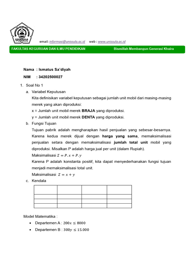 Model Matematika Program Linear UNISSULA | PDF
