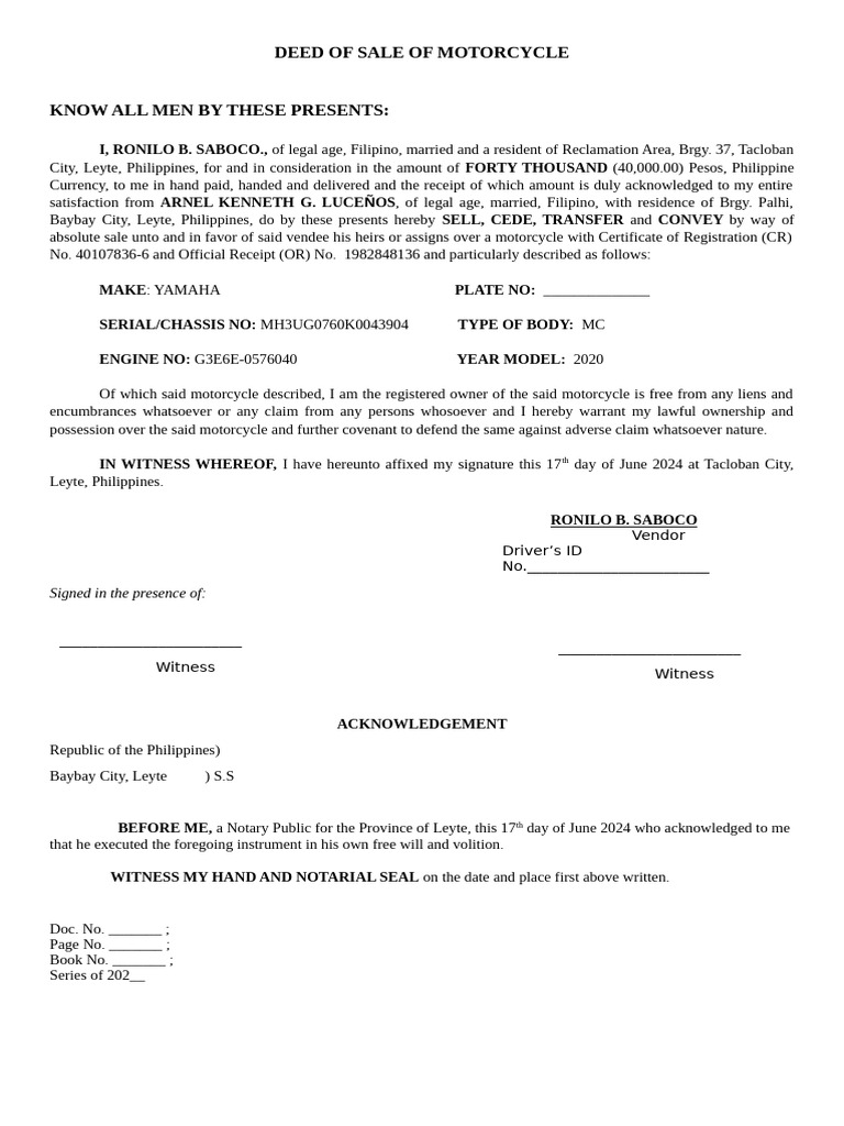 Motorcycle Sale Deed Sample | PDF | Deed | Natural Resources Law