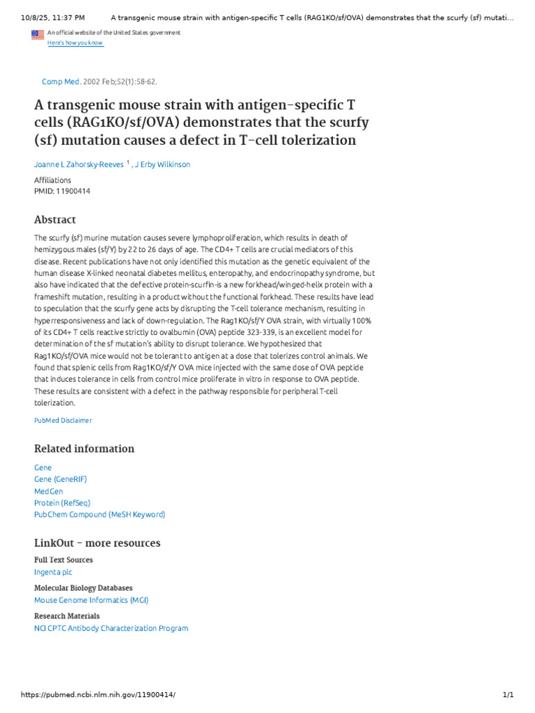 A Transgenic Mouse Strain With Antigen-Specific T Cells (RAG1KO - SF ...
