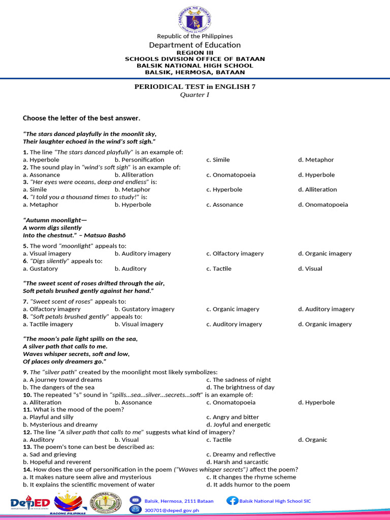 English 7 Periodical Test Guide | PDF | Poetry