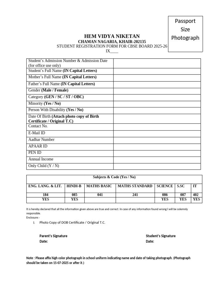 Class 9 Registration Form 2025-26 | PDF