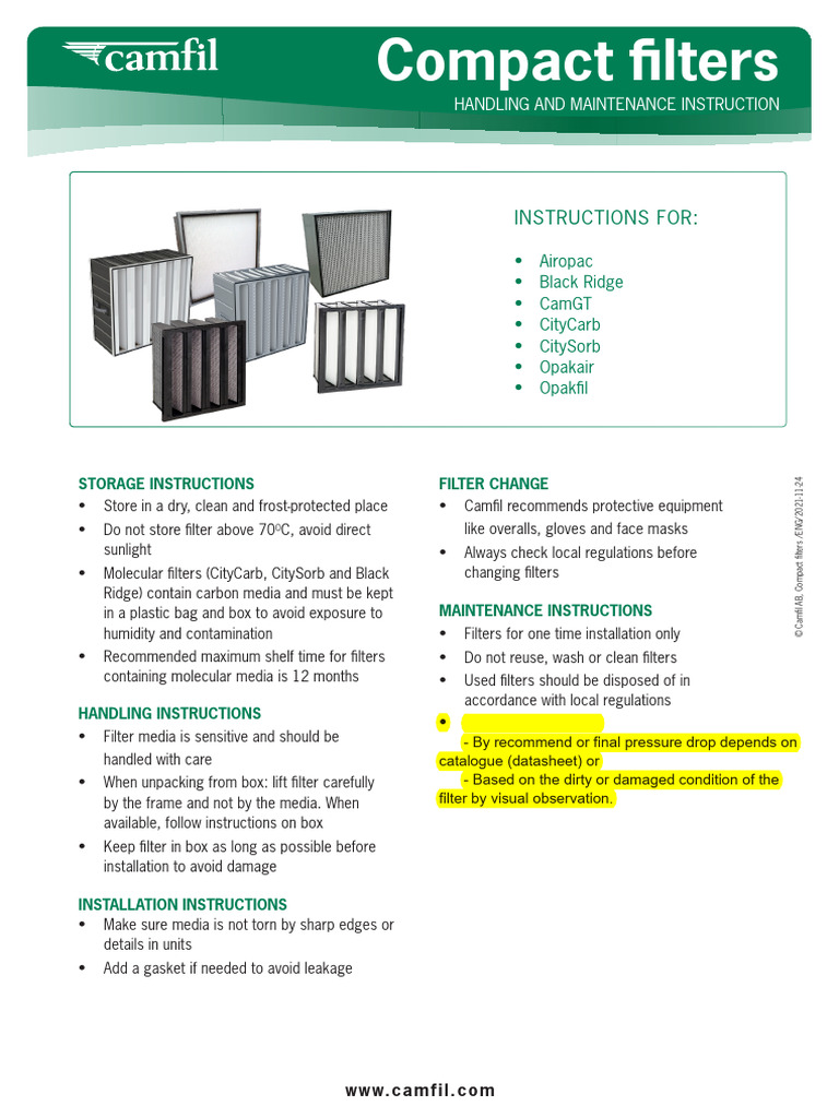 Compact Filters - Handling and Maintenance Instruction | PDF