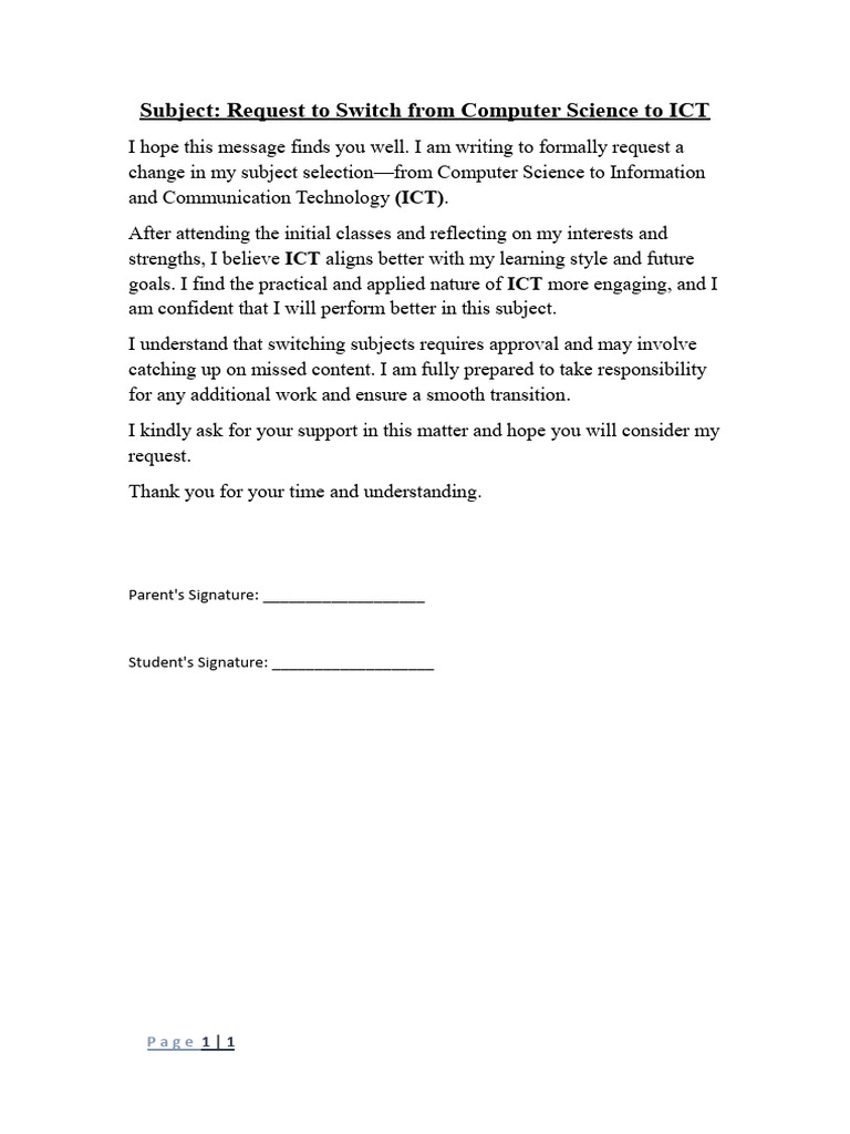 Request to Change to ICT Course | PDF