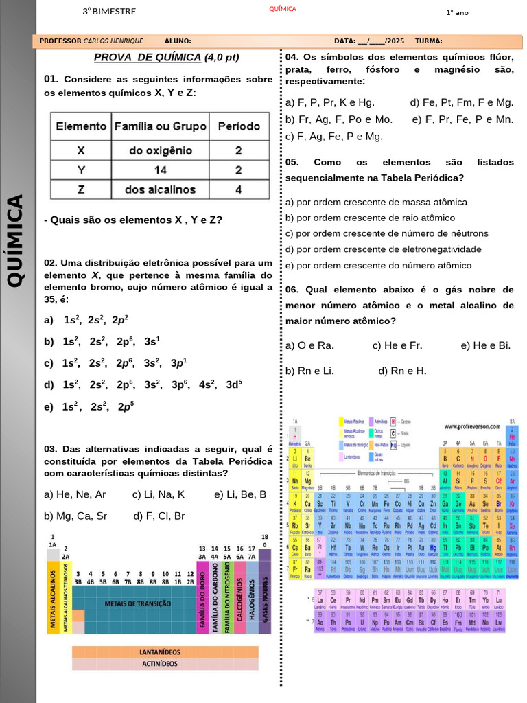 Tabela Periódica: Questões para Prova | PDF | Tabela periódica | Física ...