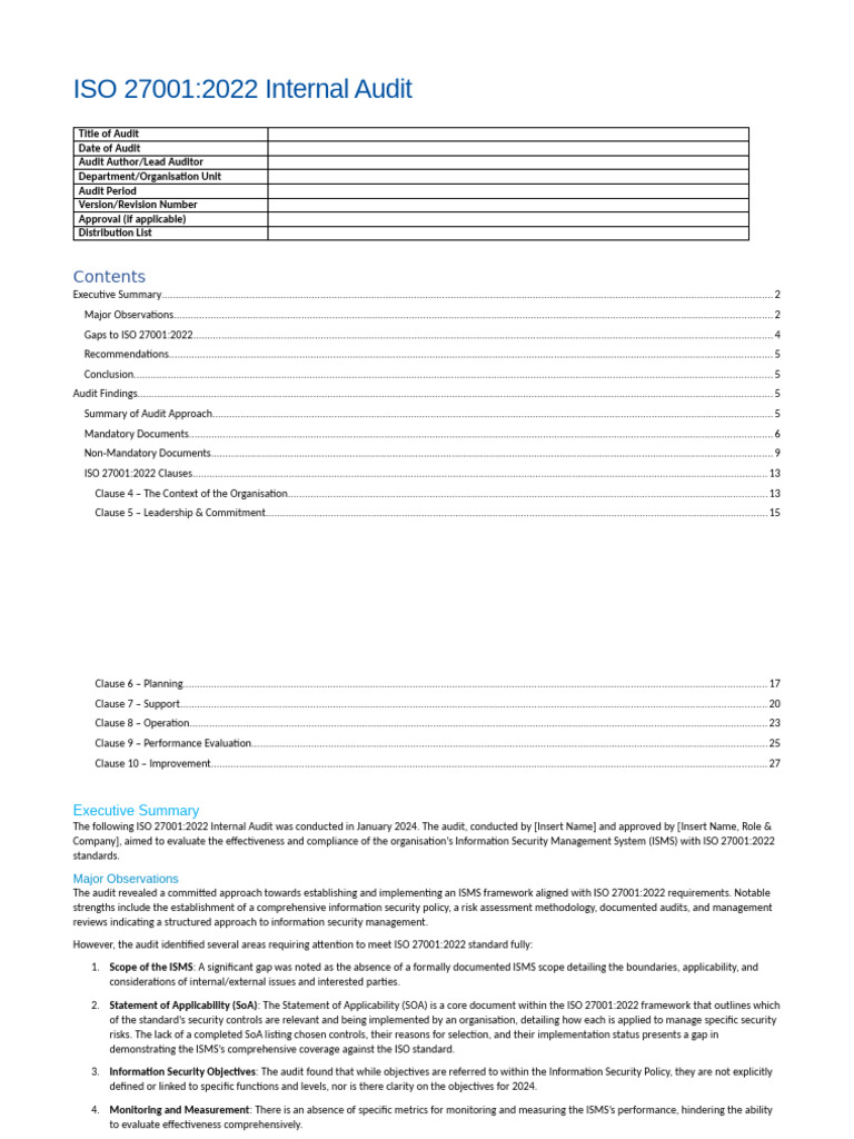 ISO 27001:2022 Internal Audit Report | PDF | Information Security | Risk