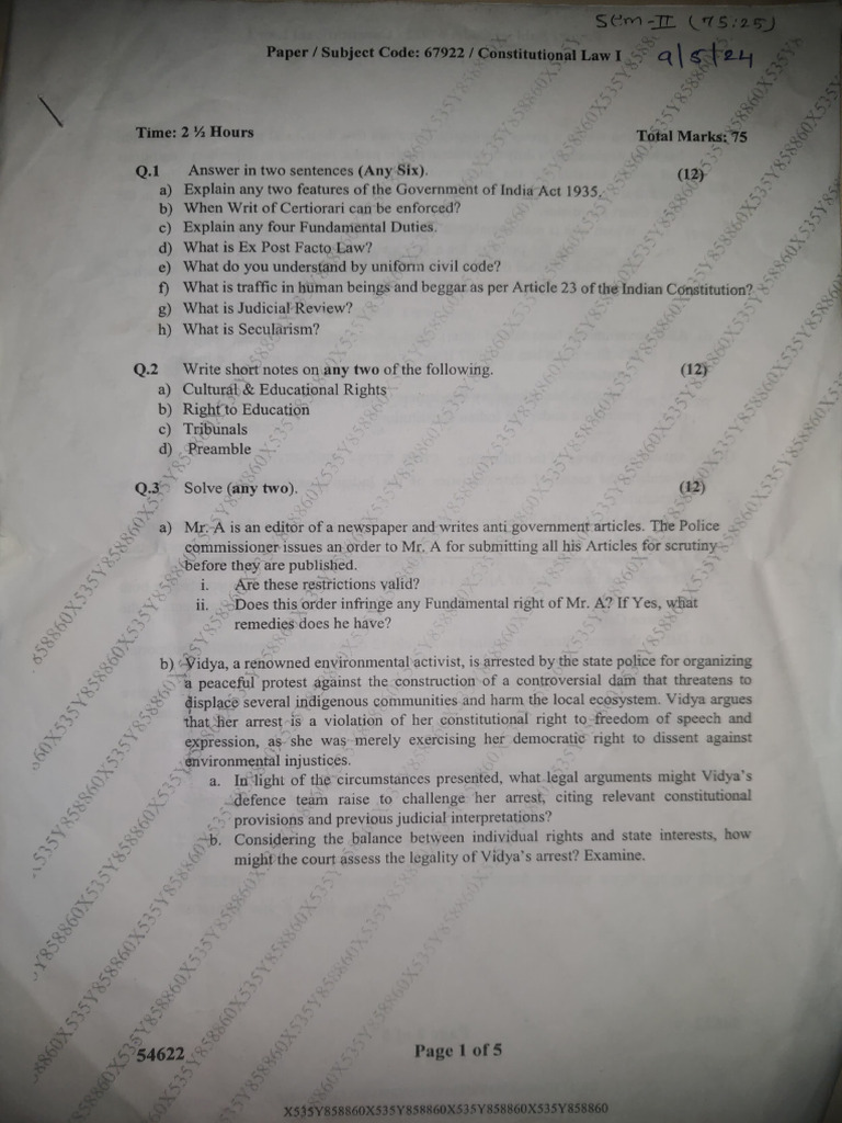 Constitutional Law Exam Questions | PDF | Habeas Corpus | Constitution