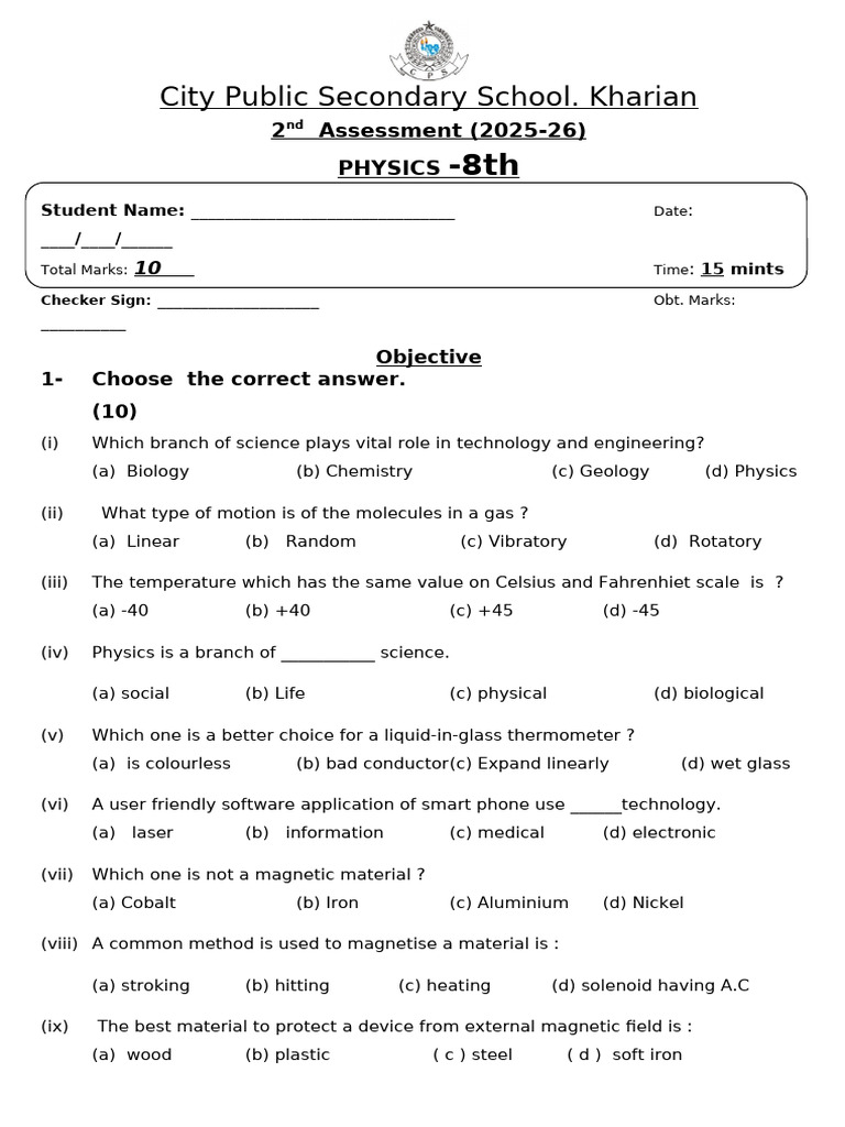 Kharian 8th Grade Physics Assessment | PDF | Temperature | Fahrenheit
