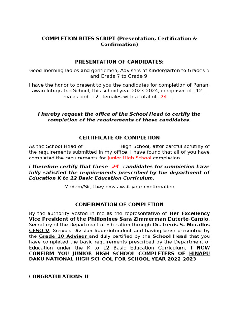 Completion Rites Script Sy 2022 2023 Sample | PDF