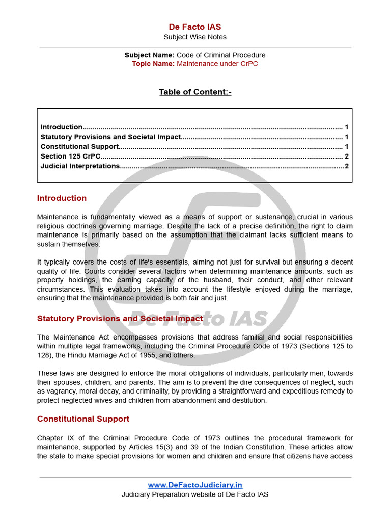 Maintenance Notes - Section 125 CRPC | PDF | Marriage | Crimes