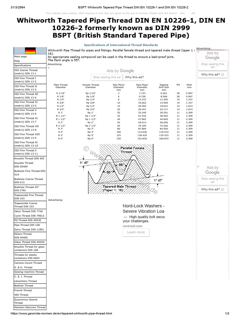 BSPT Whitworth Pipe Thread Standards | PDF | Tools | Metalworking