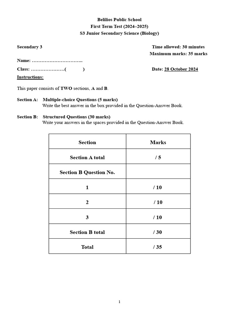 24-25 S3 JSSB 1st UT Question Paper | PDF | Microscope | Staining