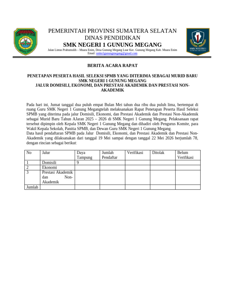 Penetapan Peserta SPMB SMK 1 Gunung Megang | PDF