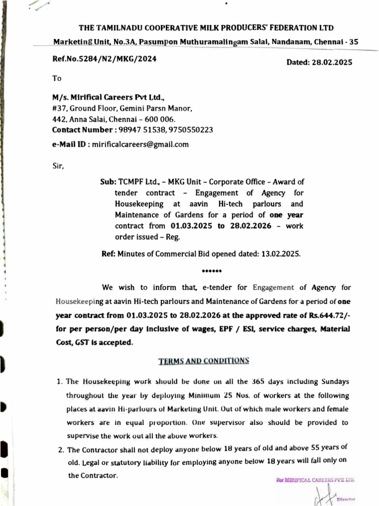 Housekeeping Work Order for Aavin Parlours | PDF | Employment ...