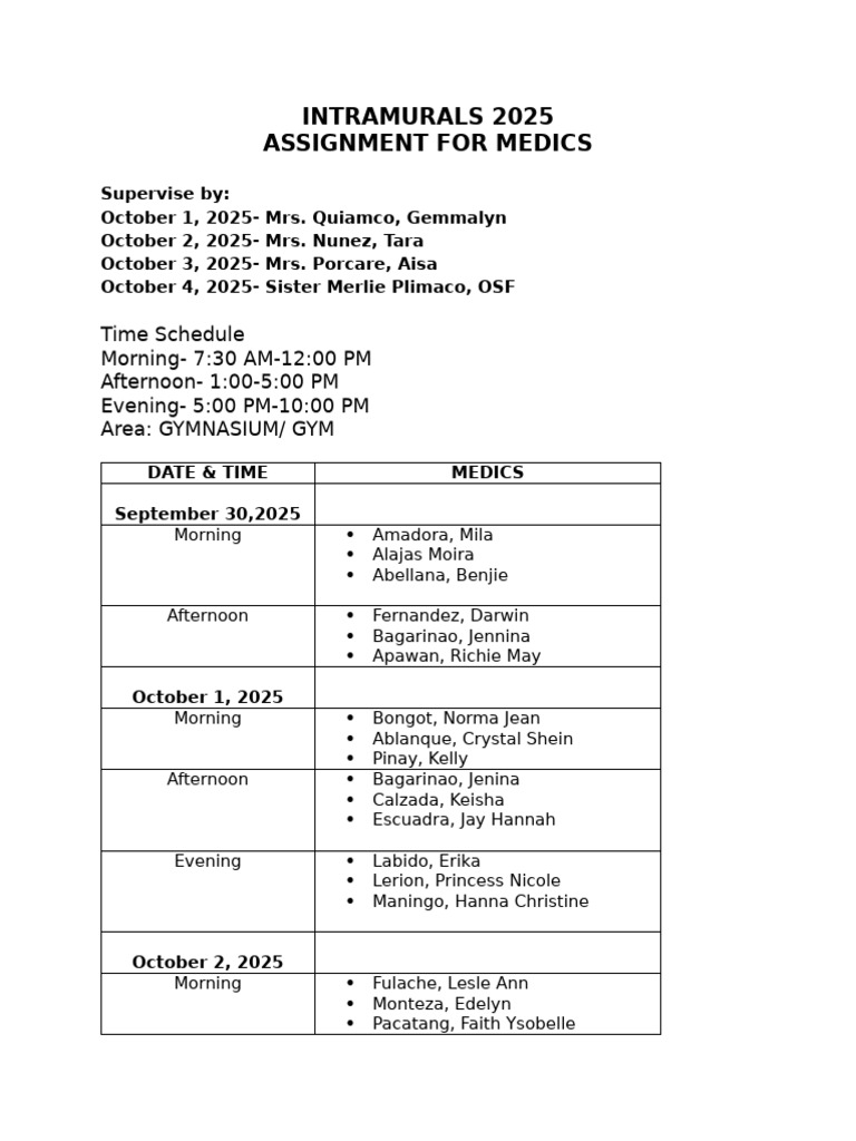 Intramurals 2025 Medics Schedule | PDF