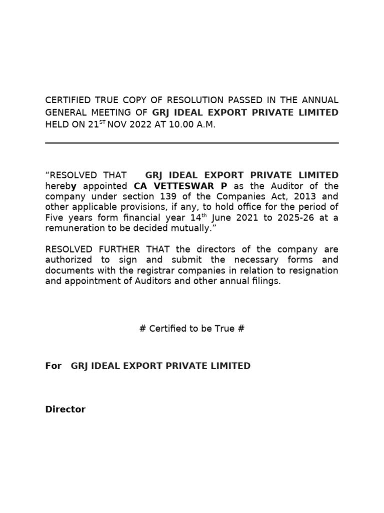 GRJ Ideal Export AGM Auditor Resolution | PDF