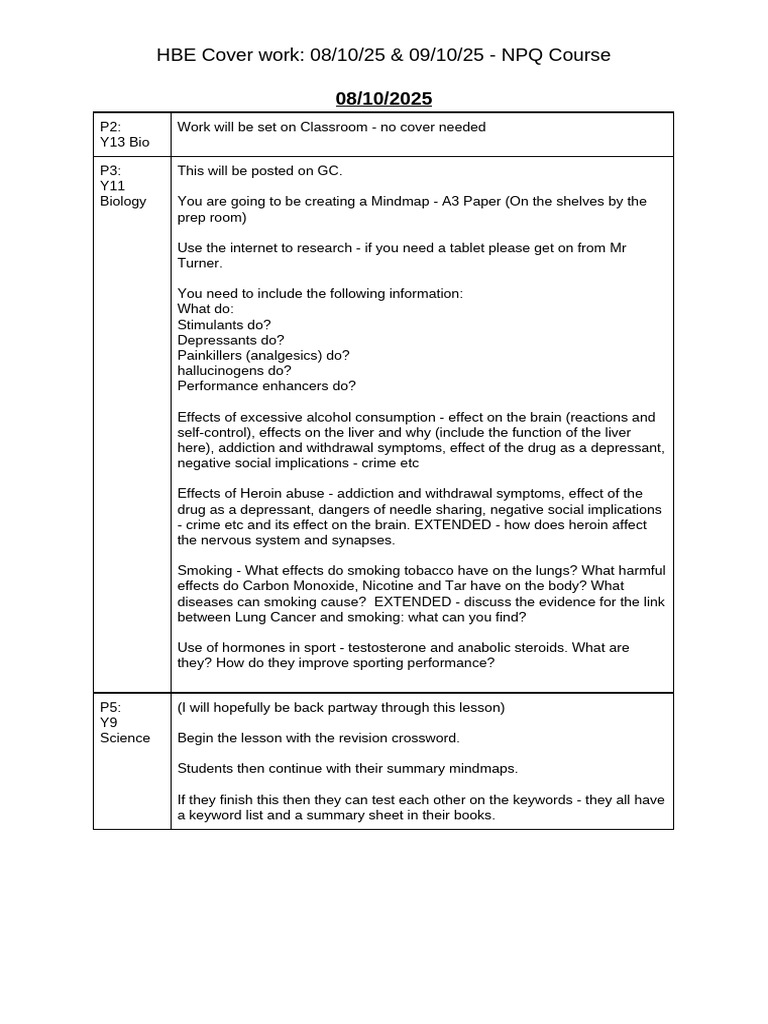 HBE Cover Work - 08-10-25 & 09-10-25 - NPQ Course | PDF | Smoking | Drugs
