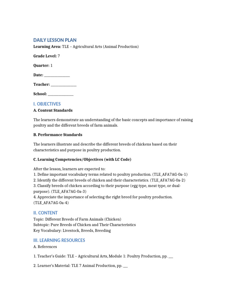 Grade 7 Poultry Production Lesson Plan | PDF | Poultry Farming | Learning