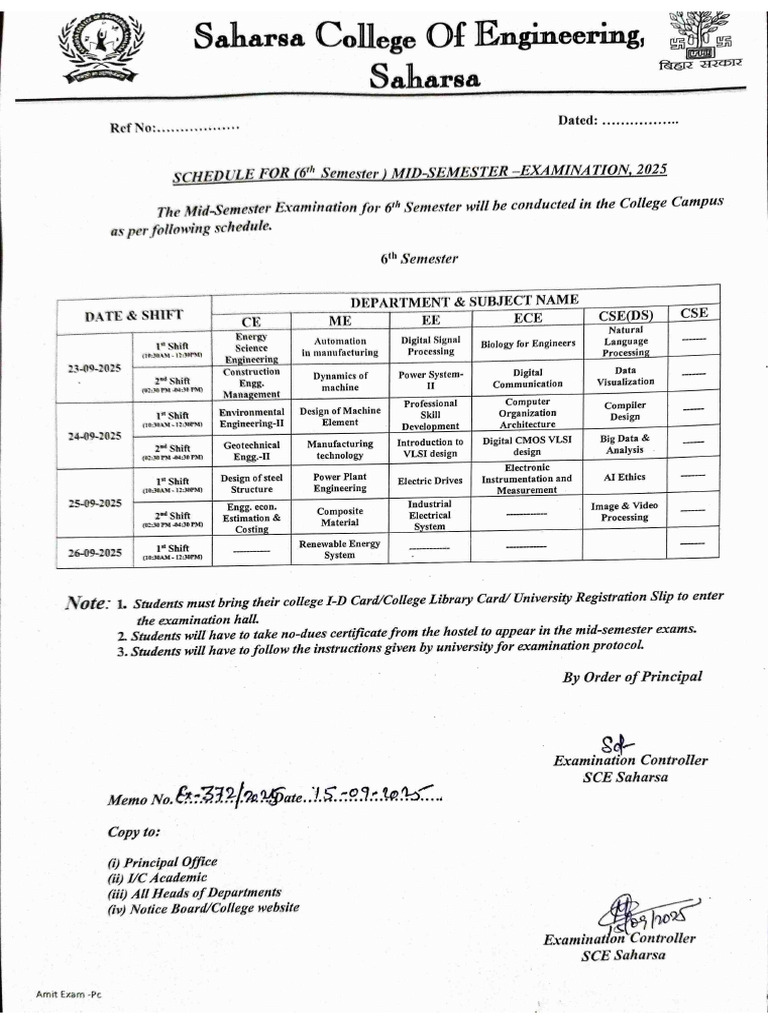 Schedule For (6th Sem.) Mid-Semester | PDF