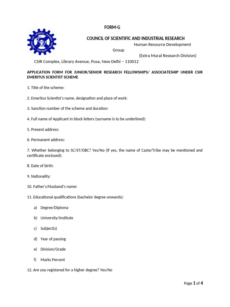 CSIR Research Fellowship Application Form | PDF | Postgraduate Education