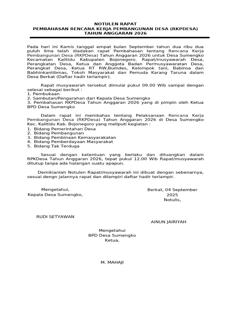 Notulen Rapat RKPDes 2026 Desa Sumengko | PDF