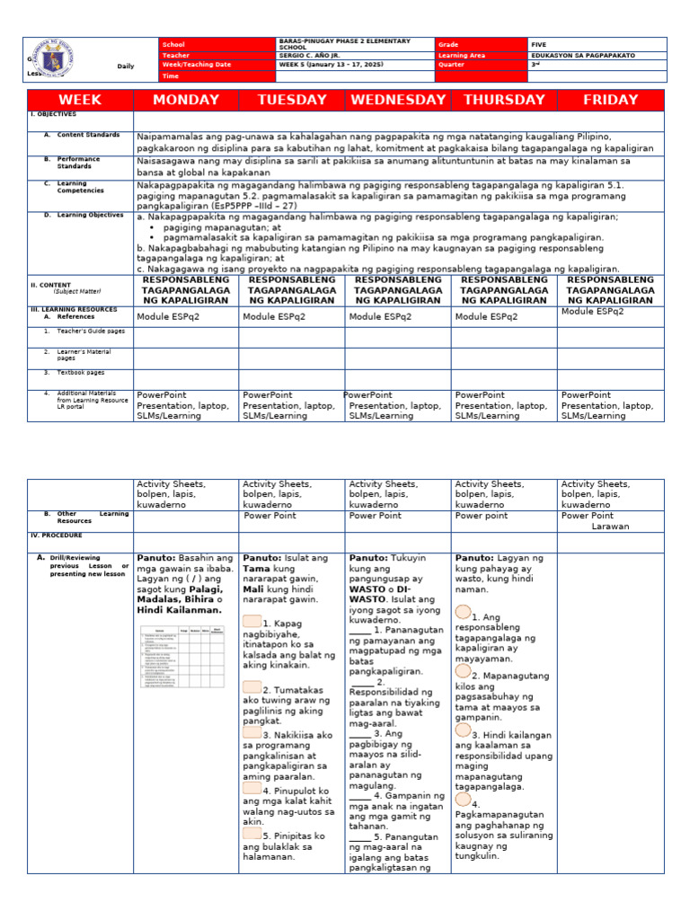 DLL Q3W5 EsP GRADE 5 | PDF