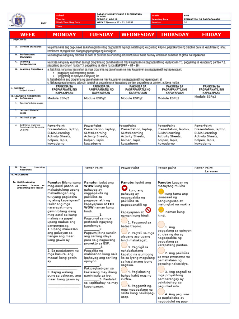 DLL Q3W7 EsP GRADE 5 | PDF