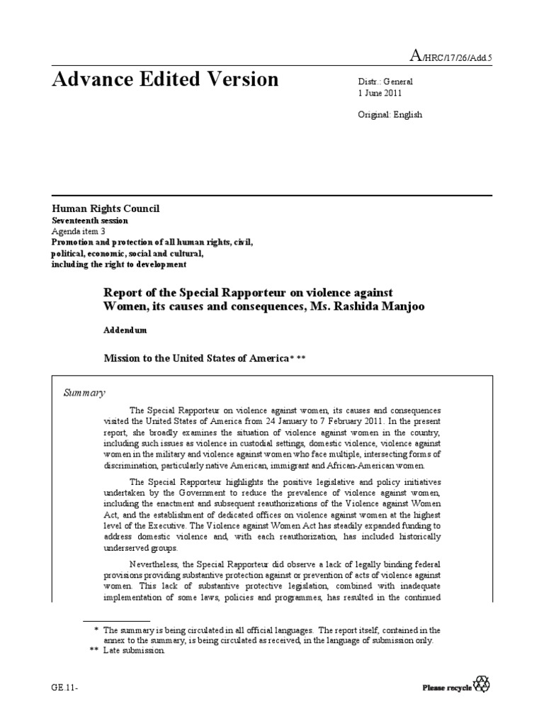 Report of The Special Rapporteur On Violence Against Women Its Causes ...