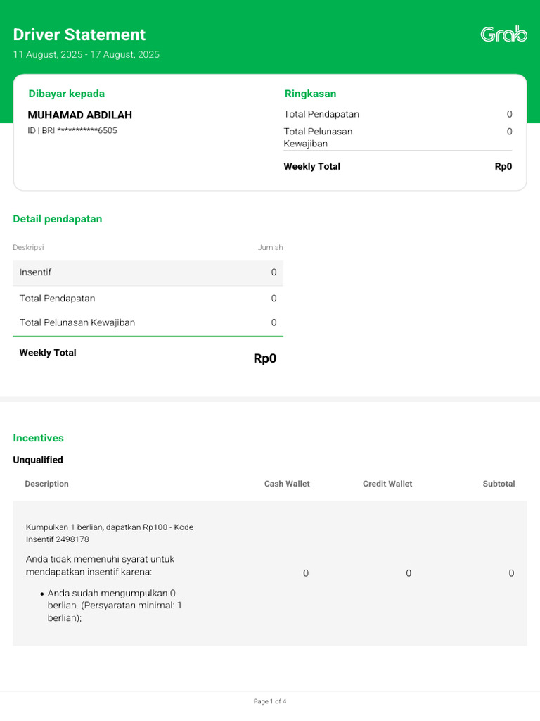 Driver Statement: Muhamad Abdilah | PDF | Tax Deduction | Payments
