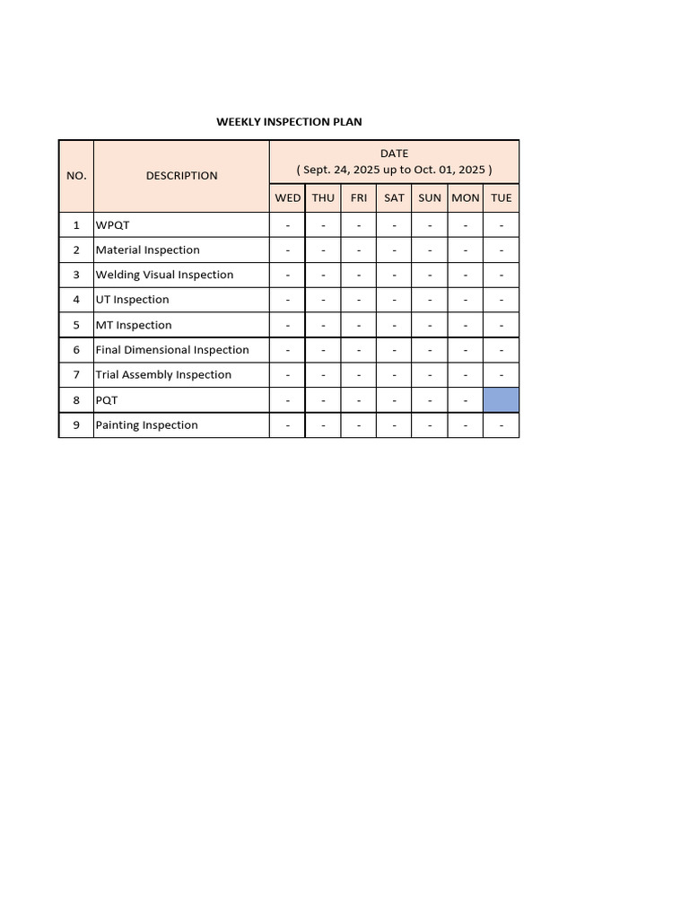 Weekly Inspection Plan: Sept 24 - Oct 1 | PDF
