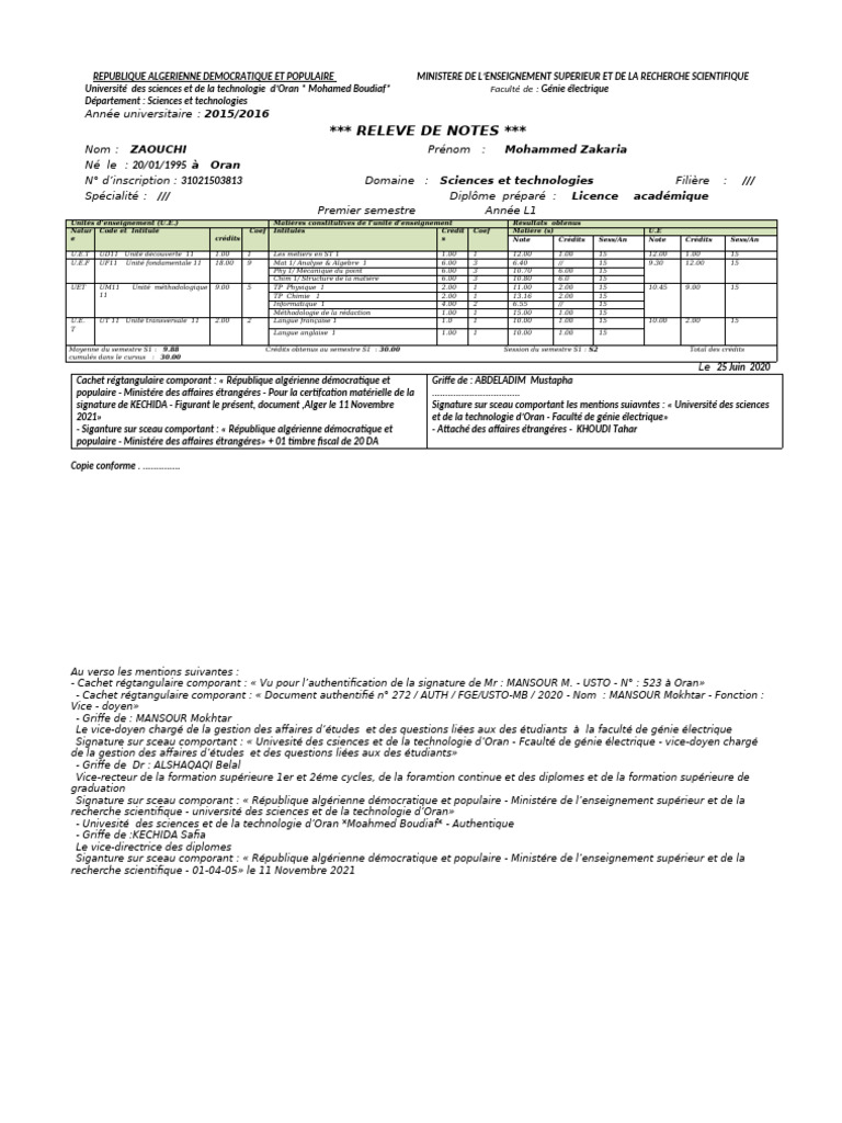 Relevé de notes Licence L1 USTO | PDF | Sceau | Algérie