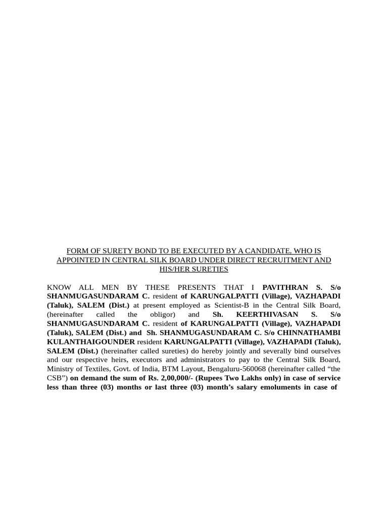 Surety Bond for Central Silk Board Appointment | PDF | Surety