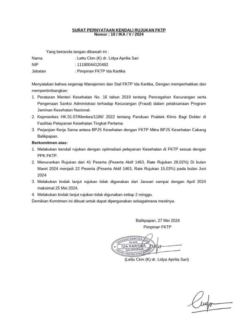 Draft Surat Pernyataan Komitmen Penurunan Rujukan Dan Penyelesaian ...