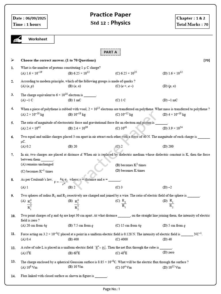 Std 12 Physics Practice Paper 2025 | PDF | Capacitance | Capacitor