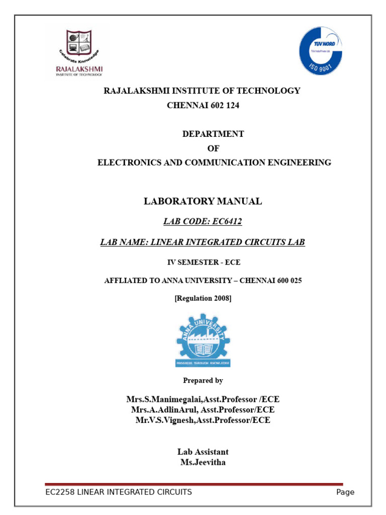 Linear Integrated Circuits Lab Manual | PDF | Operational Amplifier ...