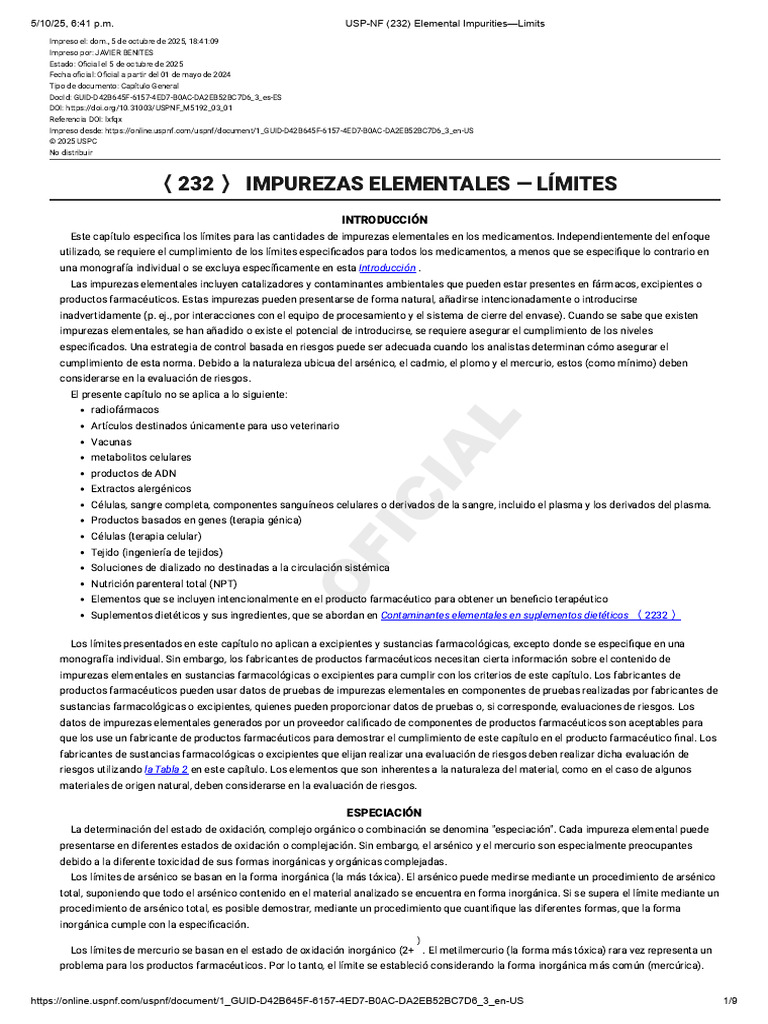 USP-NF 232 Elemental Impurities-Limits | PDF | Medicamentos con receta ...