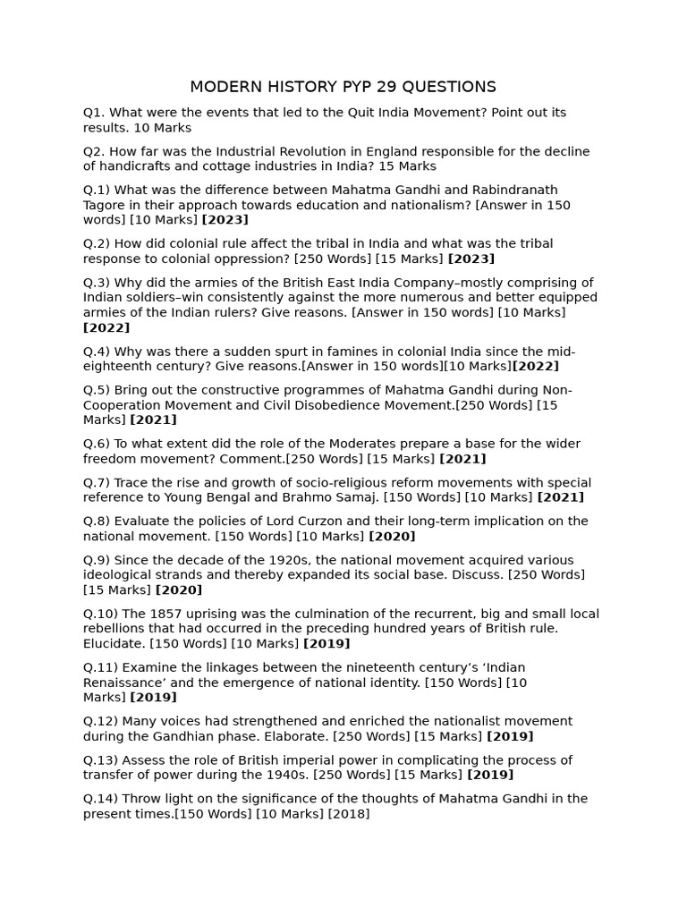 Modern History Pyp 29 Questions | PDF | British Raj | Indian ...