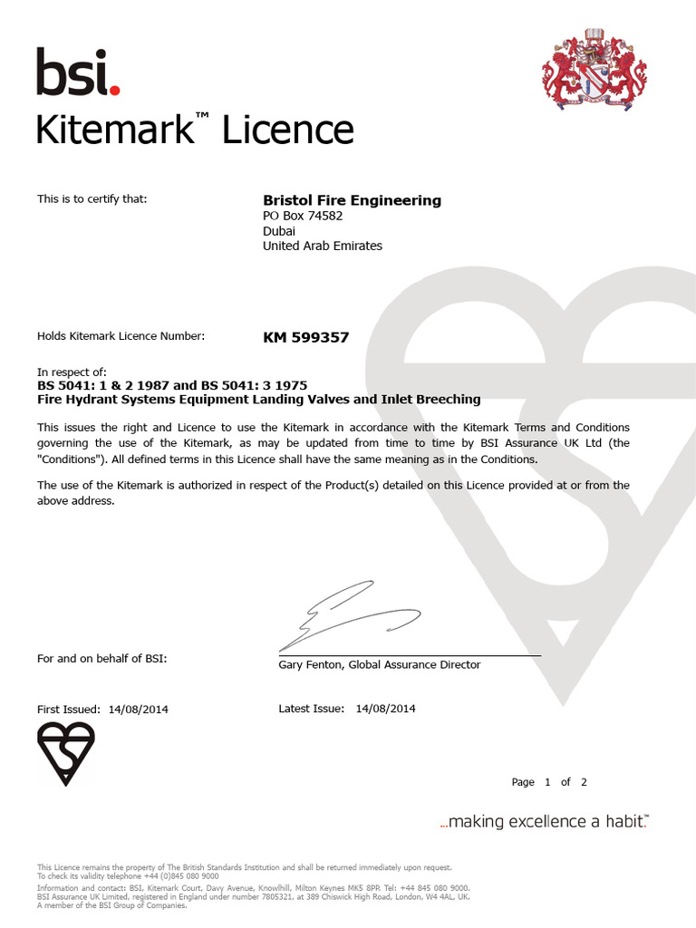 Kitemark Licence for Bristol Fire Engineering | PDF | Hydraulics