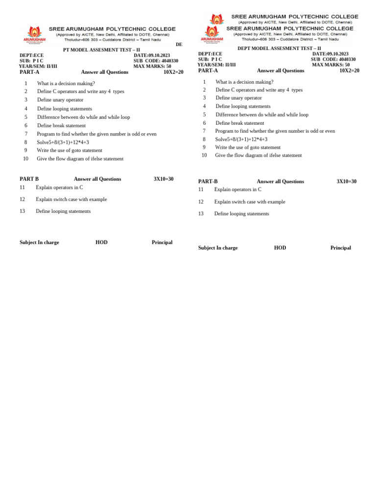 C Programming Assessment Test II | PDF | Control Flow | Object Oriented ...